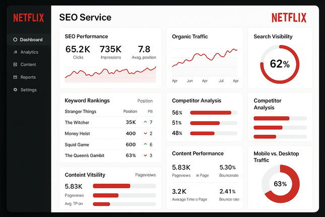 Create a dashboard view of SEO service software for Netflix