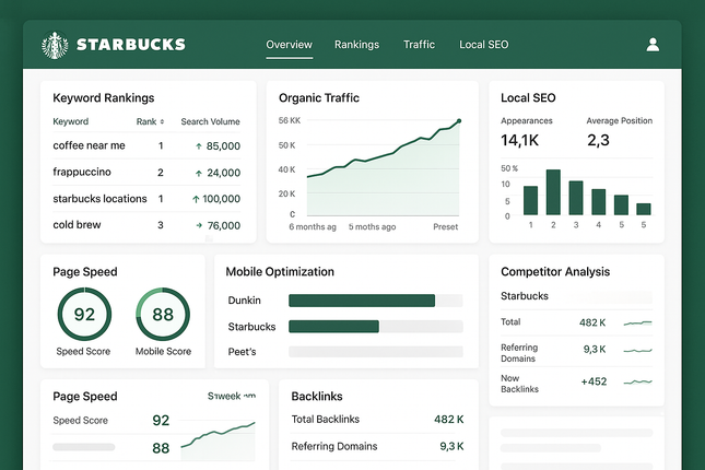 Create a dashboard view of SEO service software for Starbucks
