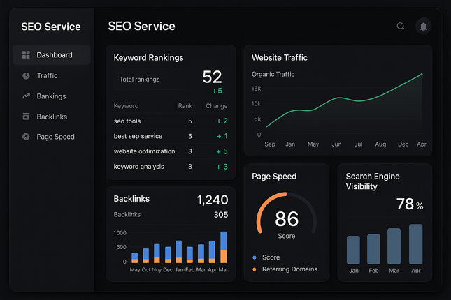 Create a dashboard view of SEO service software in black