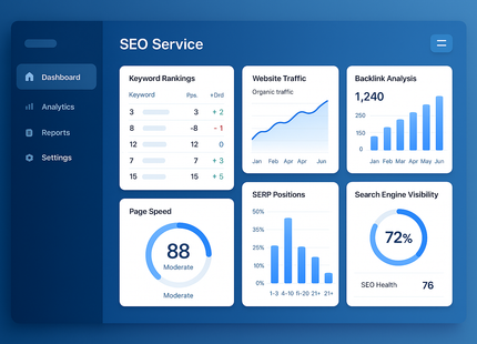 Create a dashboard view of SEO service software in blue