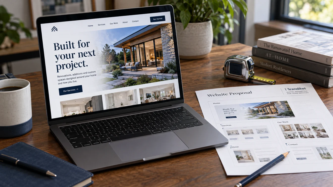 Contractor website concept on a laptop beside a printed website proposal and tape measure.