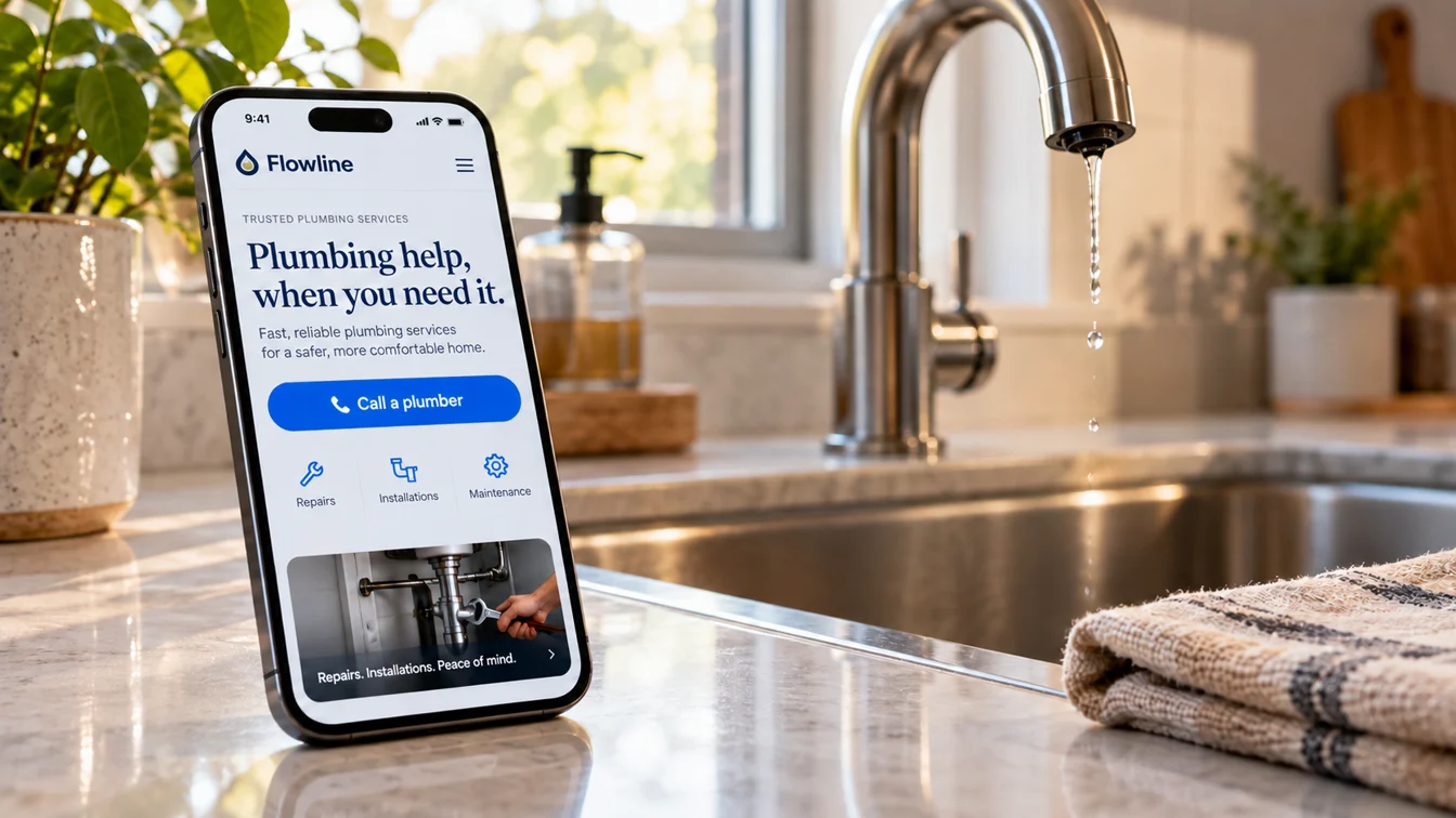 Illustrative Flowline plumbing landing page with a call button beside a dripping kitchen faucet.