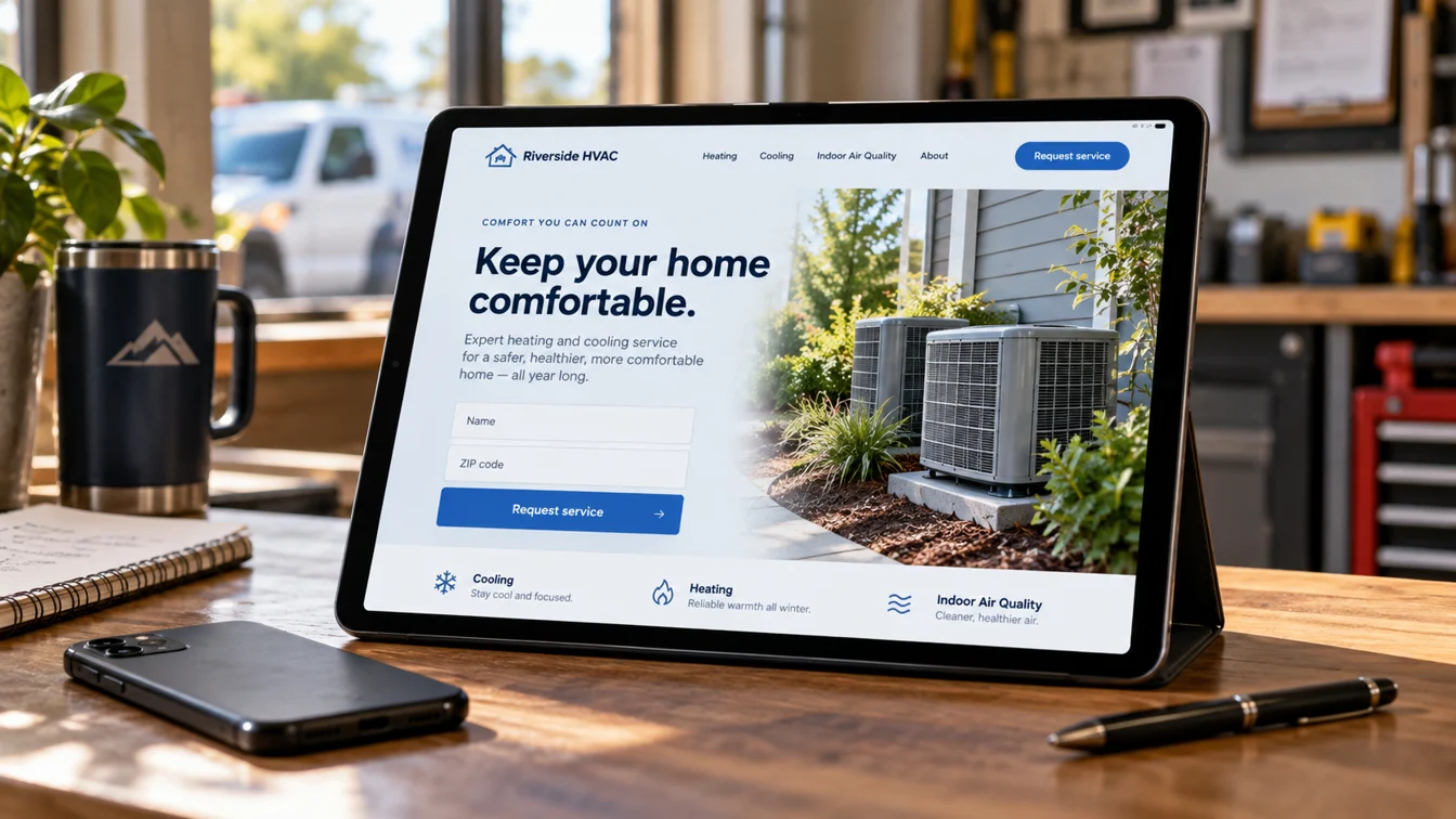HVAC landing-page concept on a tablet with a short request-service form.