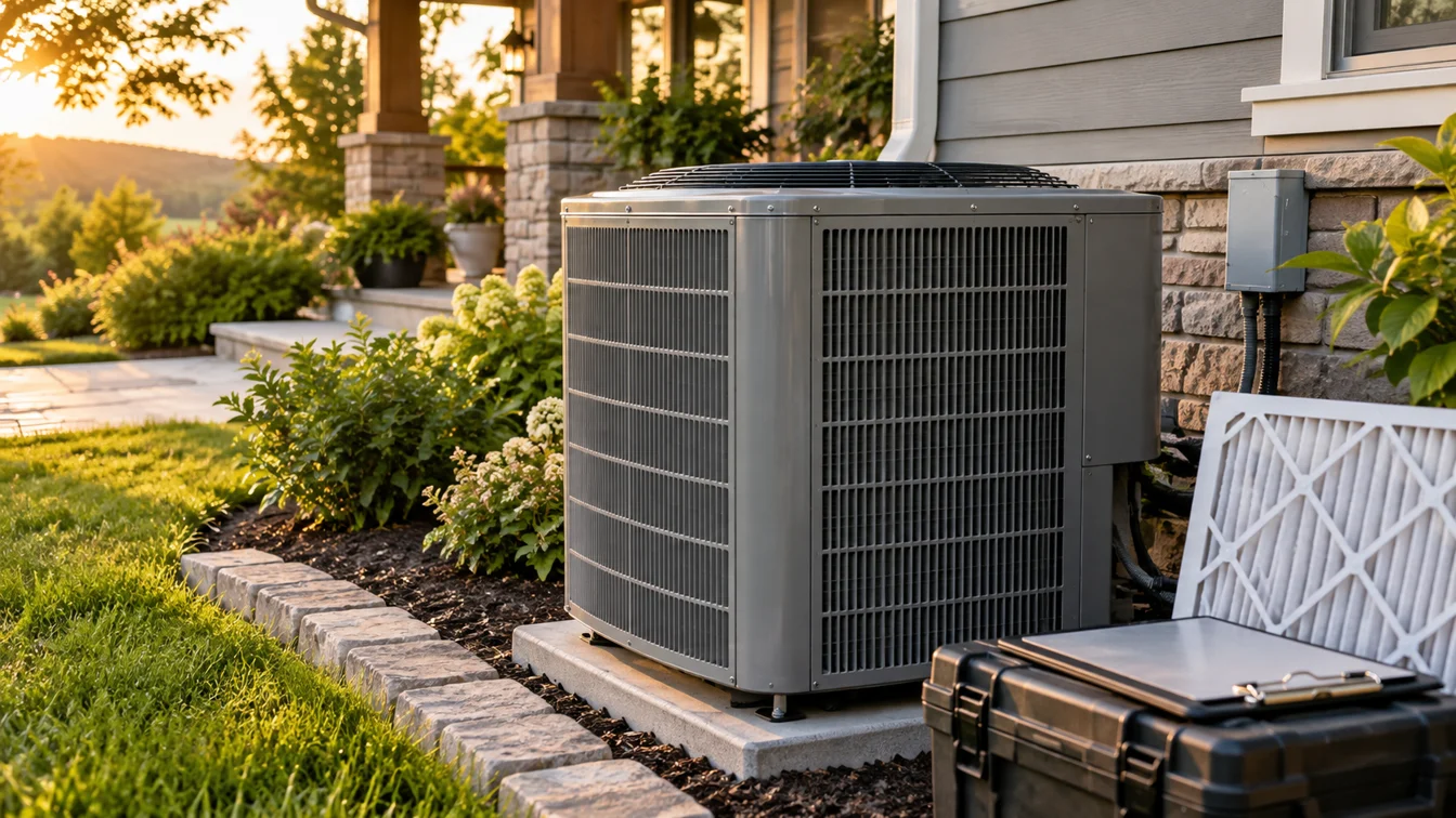 Outdoor air-conditioning equipment with a fresh filter and maintenance clipboard.