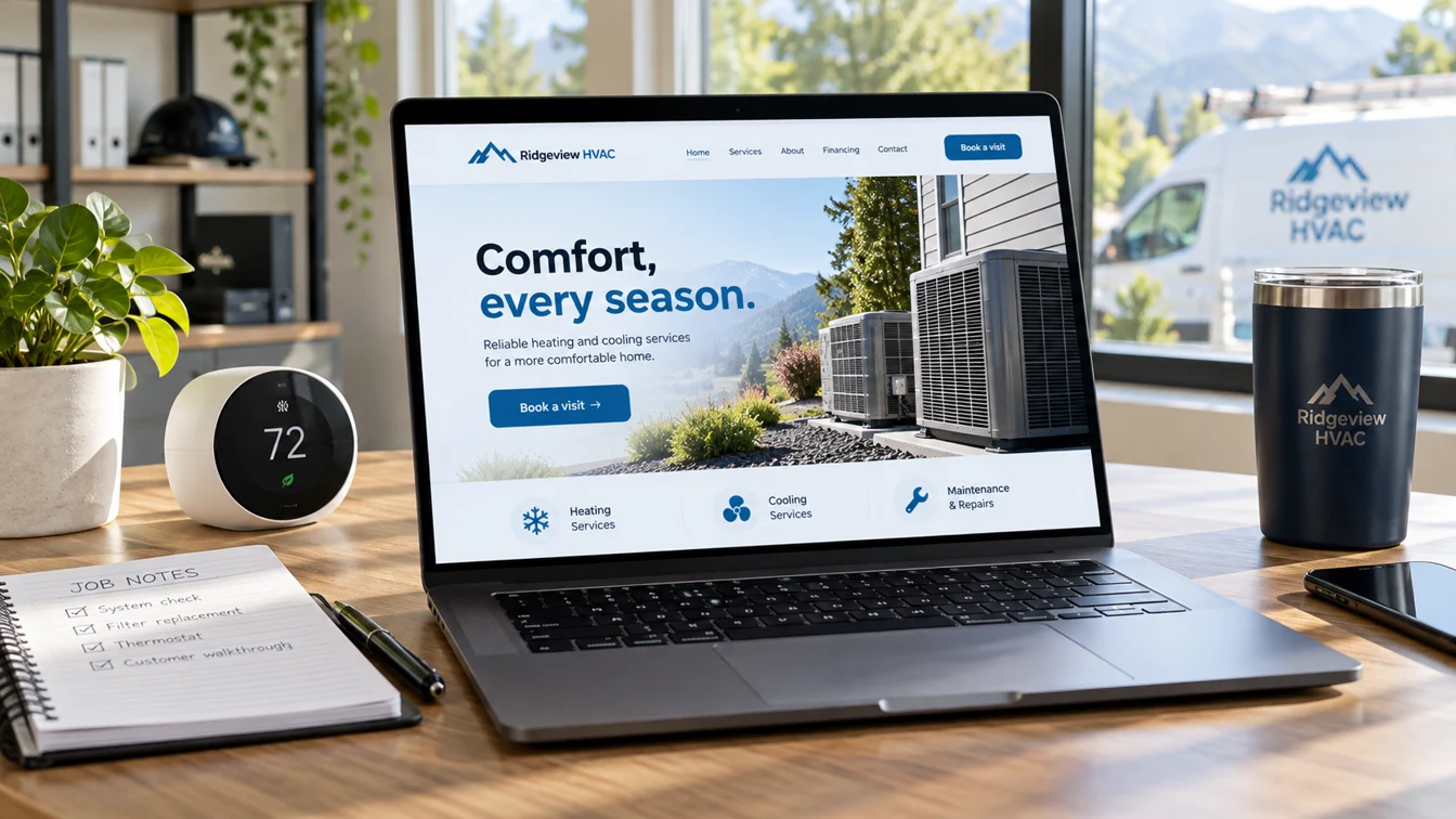HVAC website concept on a laptop beside a thermostat and maintenance notebook.