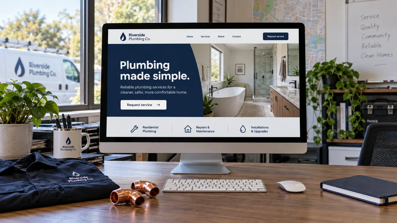 Plumbing website concept on an office monitor beside copper fittings and a work shirt.