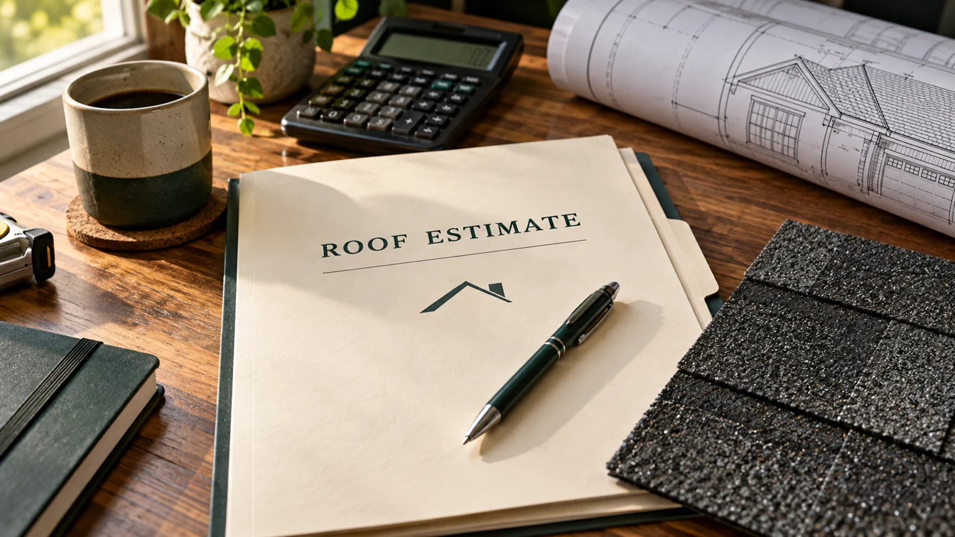 Roof estimate folder, shingle sample, calculator and architectural plans.