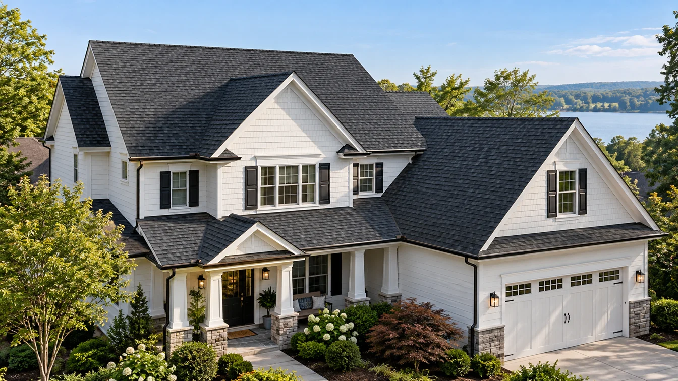 Illustrative architectural view of a finished charcoal-shingle roof on a white house.