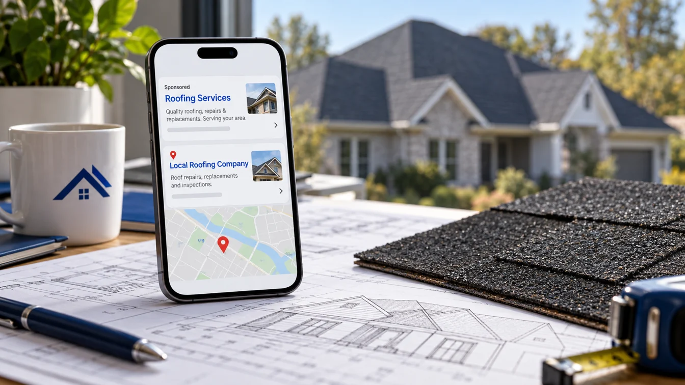Illustrative roofing search listings on a phone beside house plans and shingle samples.