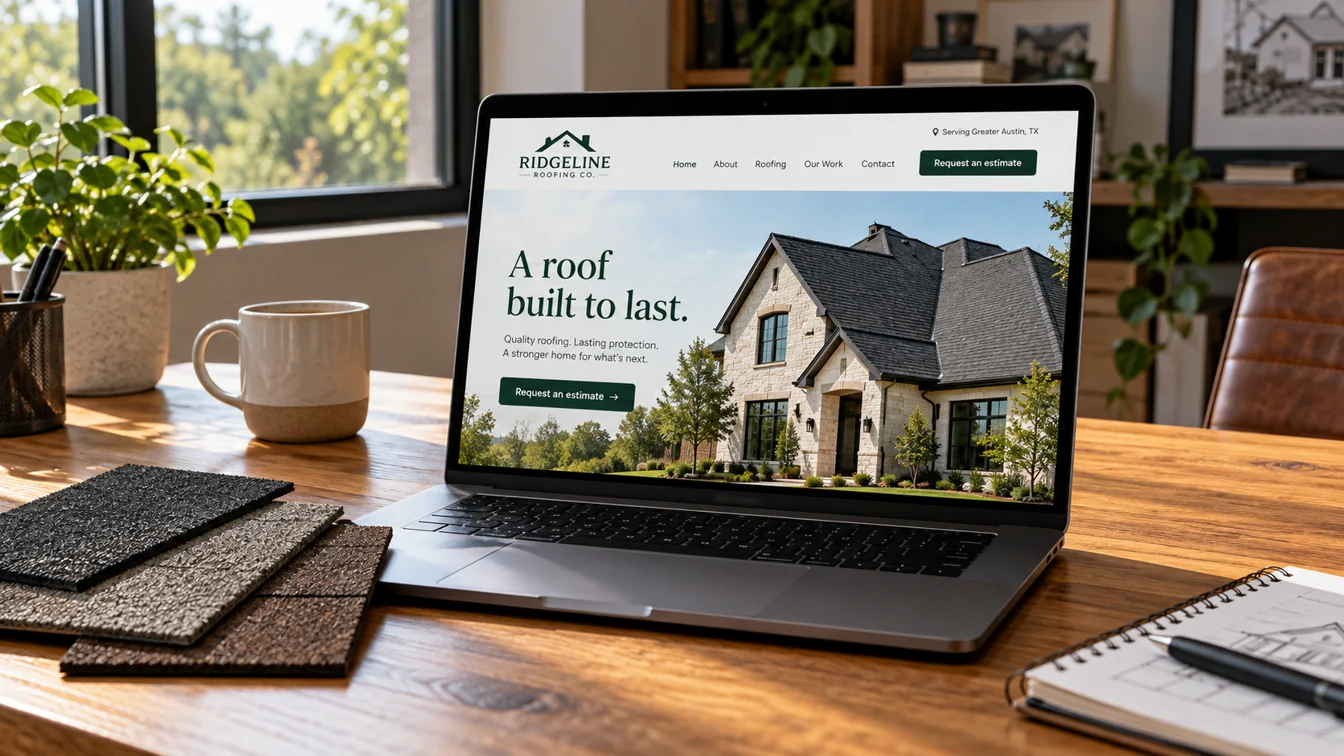 Roofing website concept on a laptop beside asphalt shingle samples.