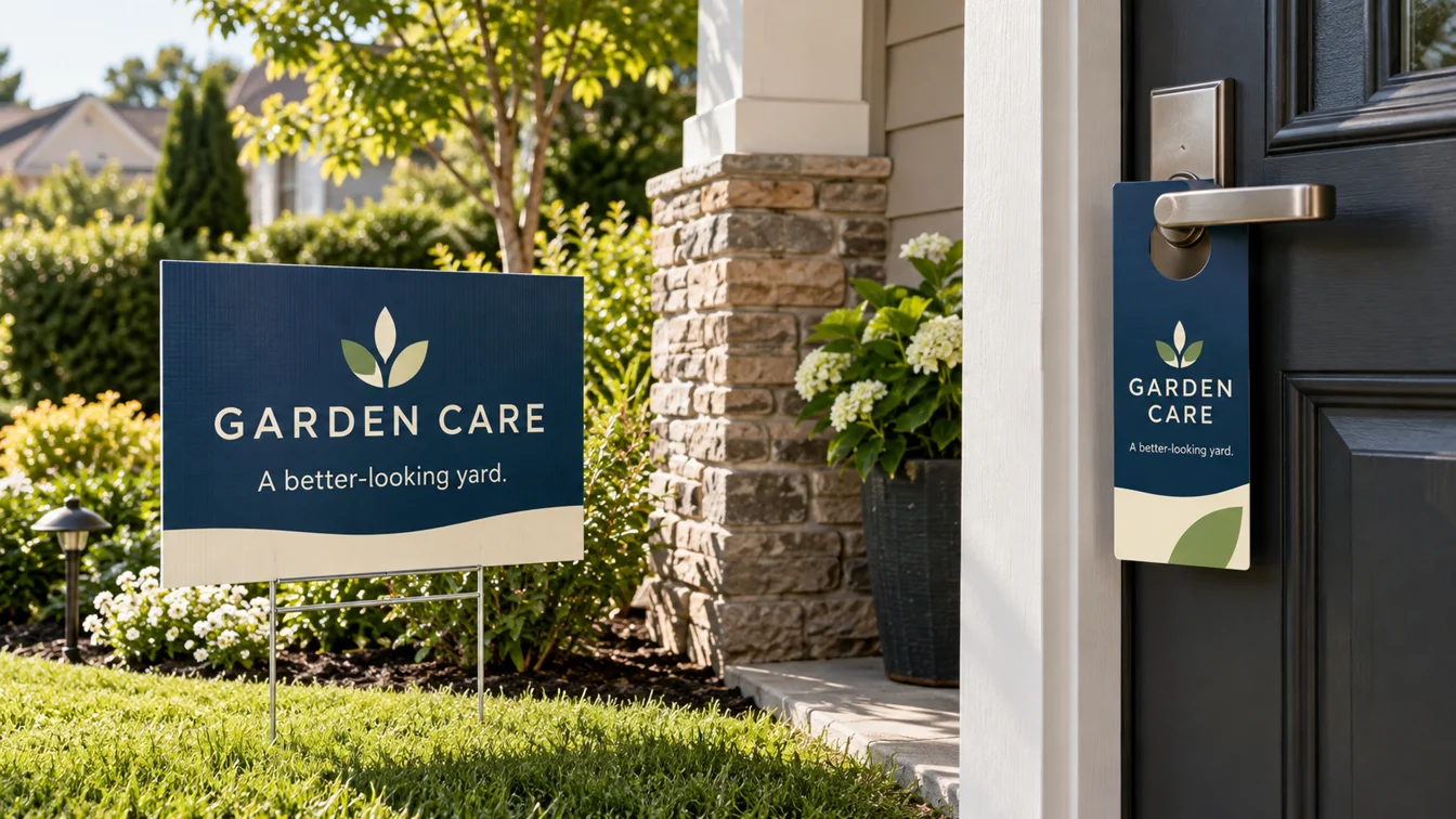 Matching landscaping yard sign and door hanger design concepts at a house entrance.