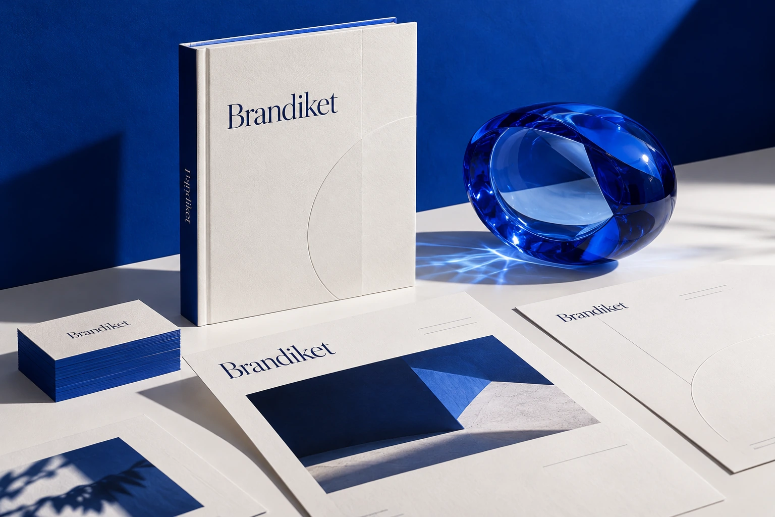 Original Brandiket brand concept with cobalt blue brand book, white stationery, creative brief and sculptural glass