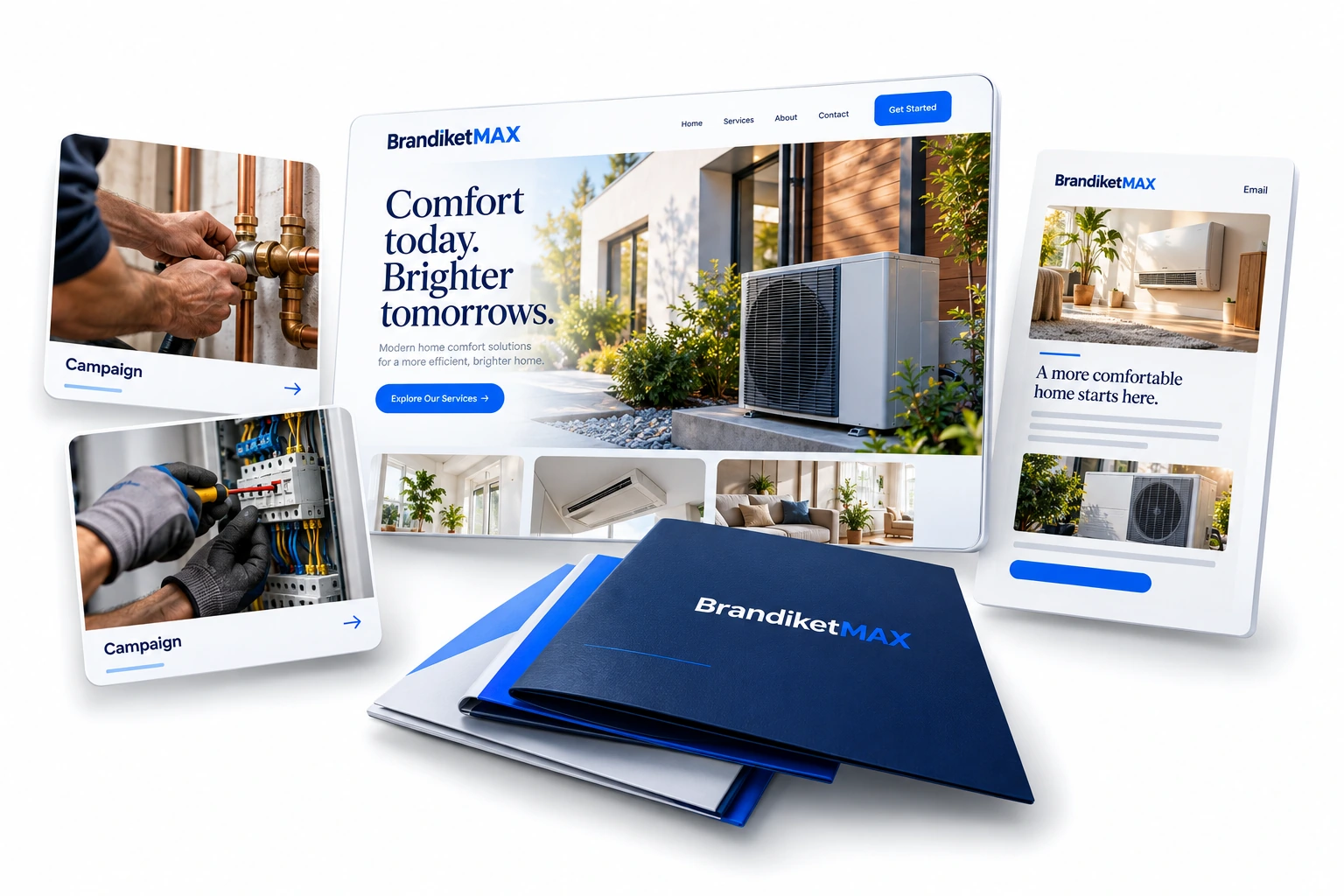 Original BrandiketMAX campaign concept with website, home-service social creative, email and project folders