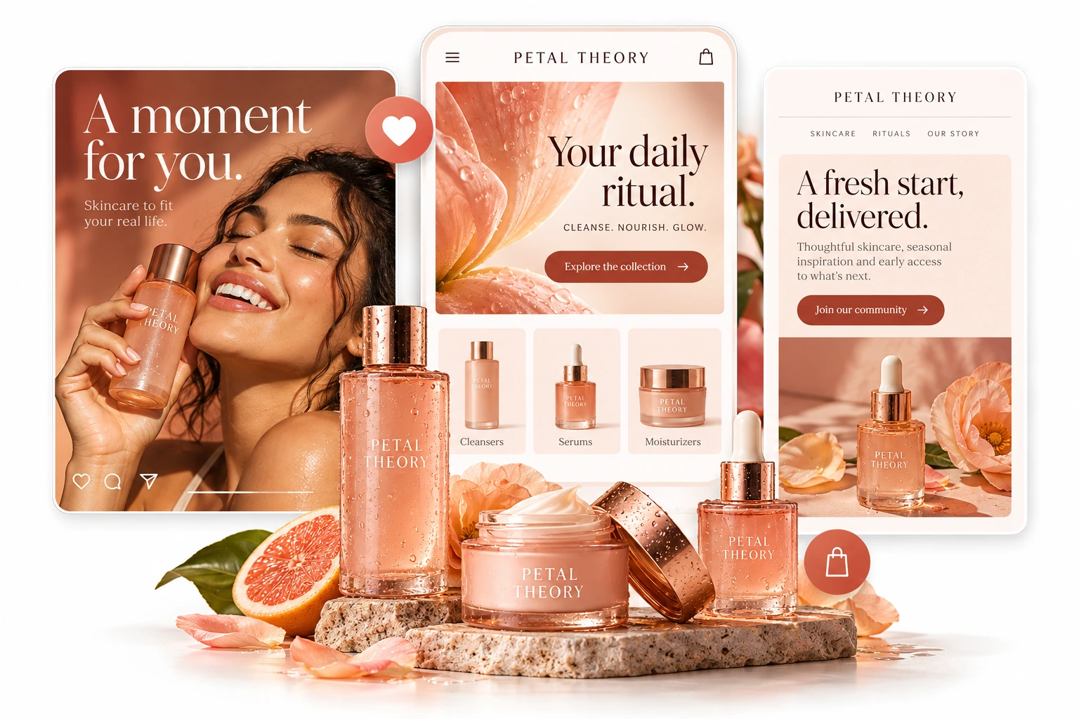 PETAL THEORY skincare concept with branded products, mobile storefront, Instagram creative and email design