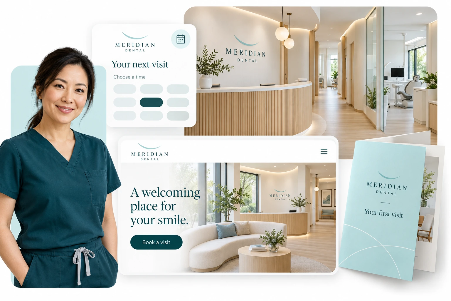 MERIDIAN DENTAL concept with dentist portrait, modern practice, website, appointment card and information brochure