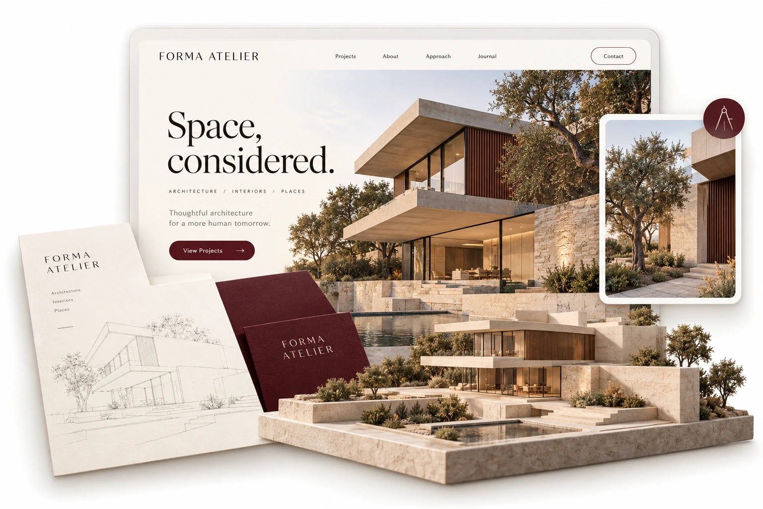 FORMA ATELIER architecture concept with website, architectural model, project photography and burgundy stationery