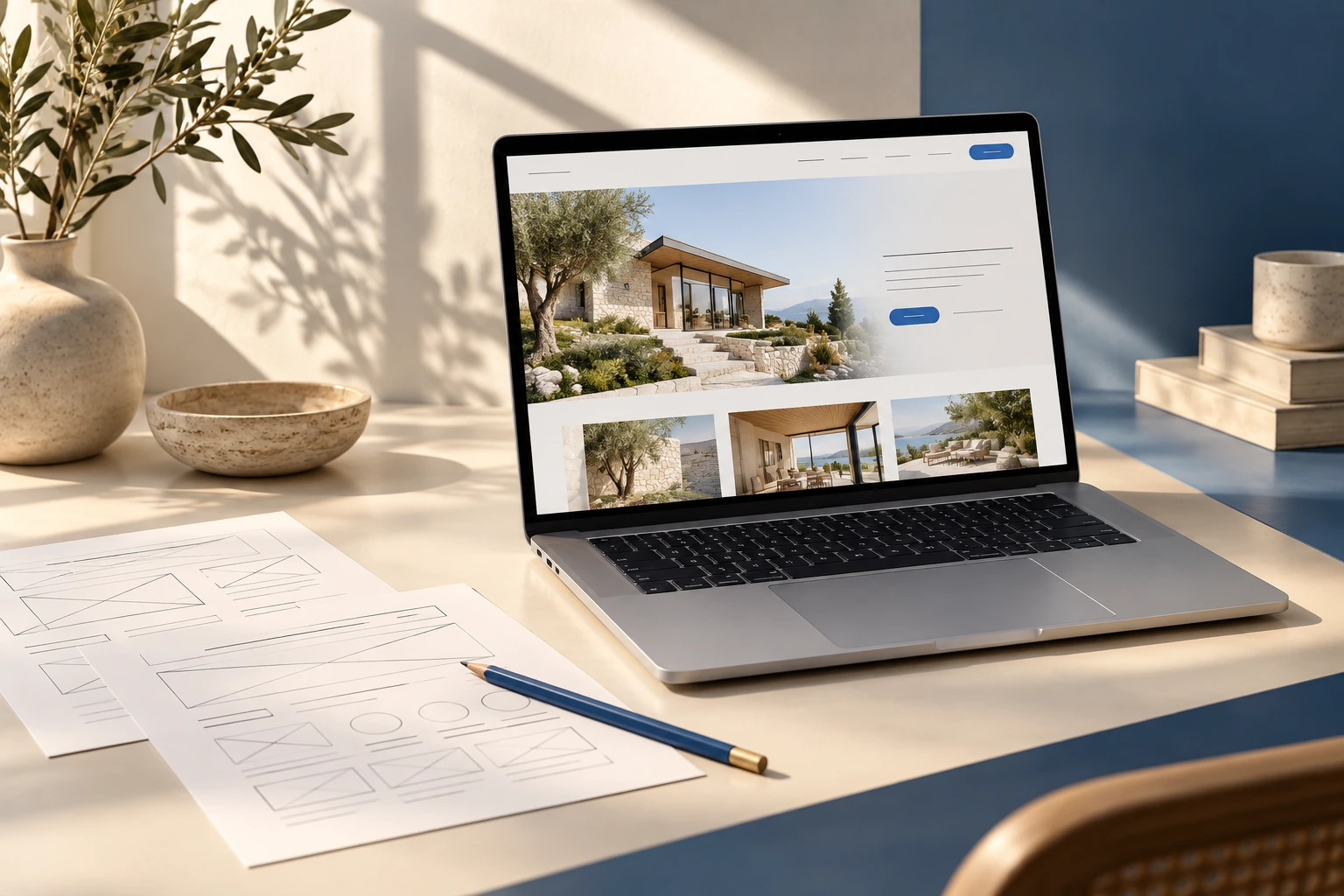 A considered website workspace with a laptop, wireframes and cobalt accents