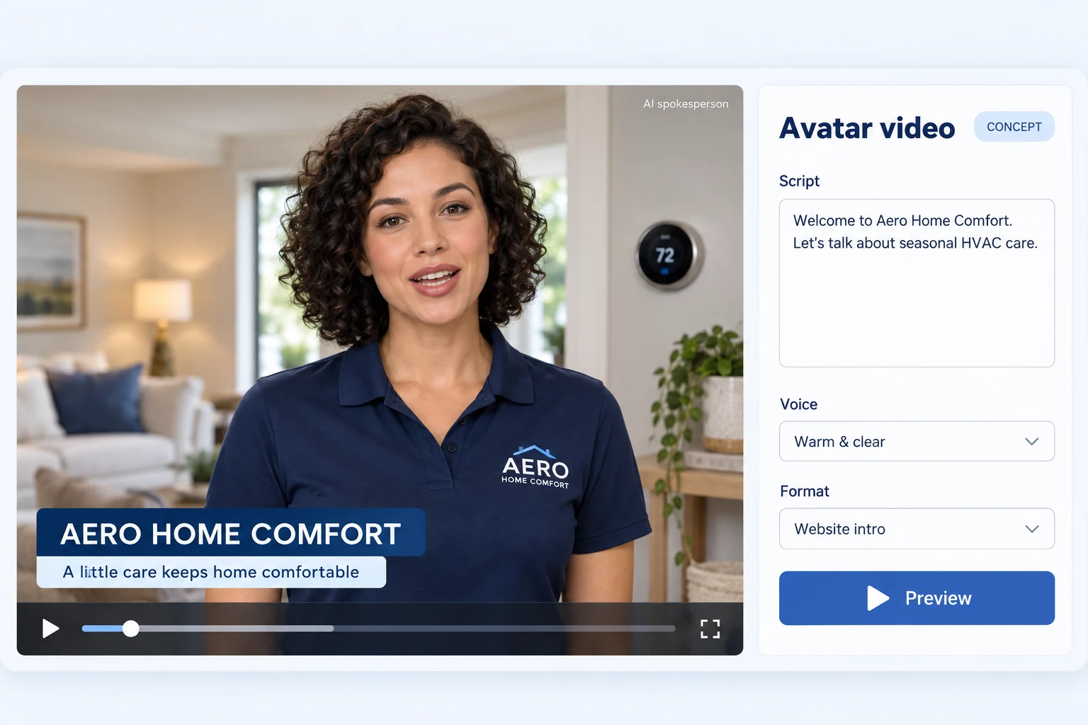 Aero Home Comfort AI spokesperson video preview with clearly labeled virtual presenter and script panel