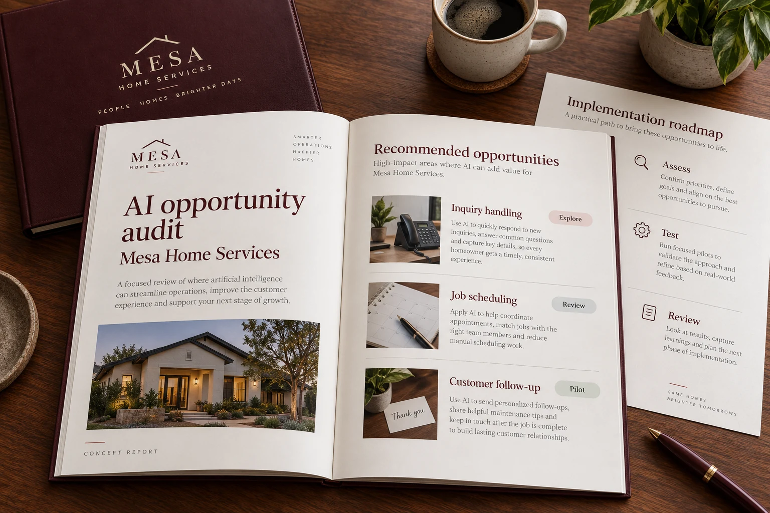 Home-service AI business audit concept showing a review report and prioritized automation opportunities.