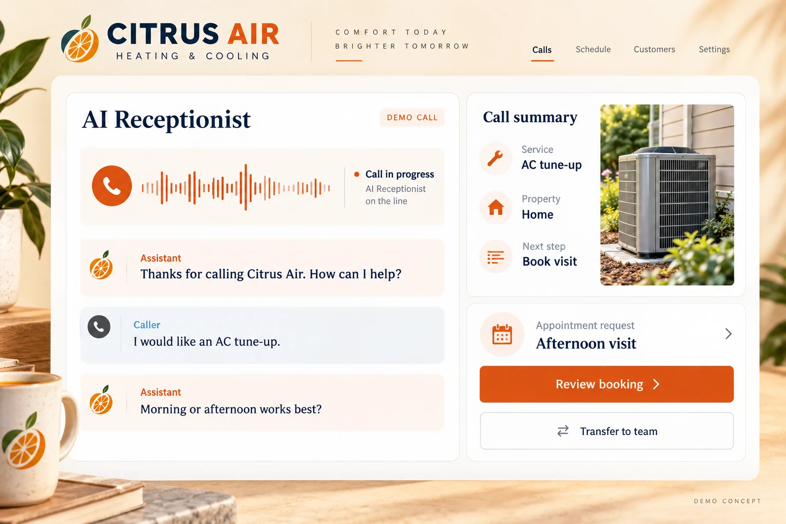 HVAC AI receptionist console concept with live call transcript, service qualification, and appointment booking.