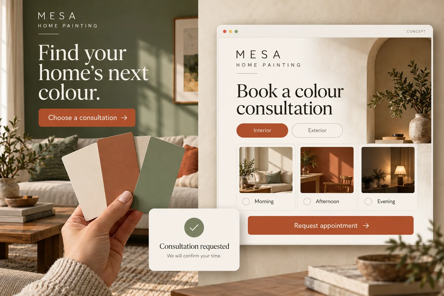 Mesa Home Painting consultation advertisement and appointment scheduling interface