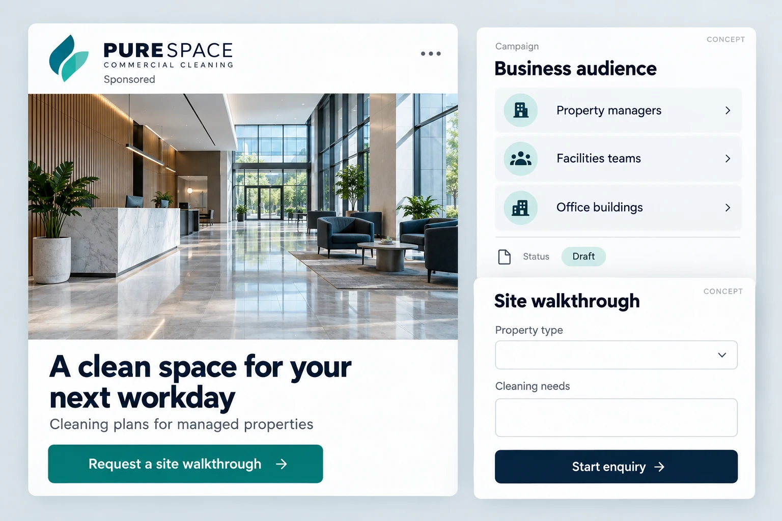 Purespace commercial-cleaning campaign targeting property managers and facilities teams