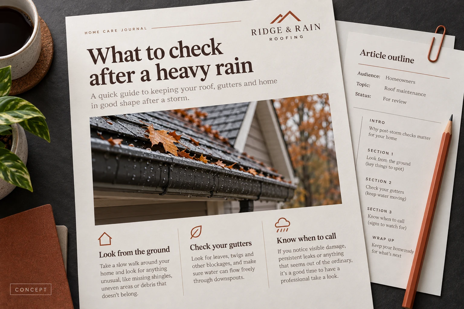 Branded home maintenance article draft for fictional Ridge & Rain Roofing with editorial notes