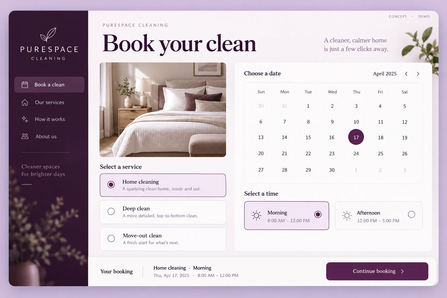 Cleaning service booking website concept with service selection, appointment calendar, and time slots.