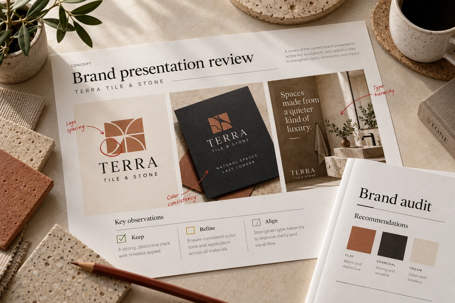 Brand consistency review board for fictional Terra Tile & Stone with annotated logo, card, and social design samples