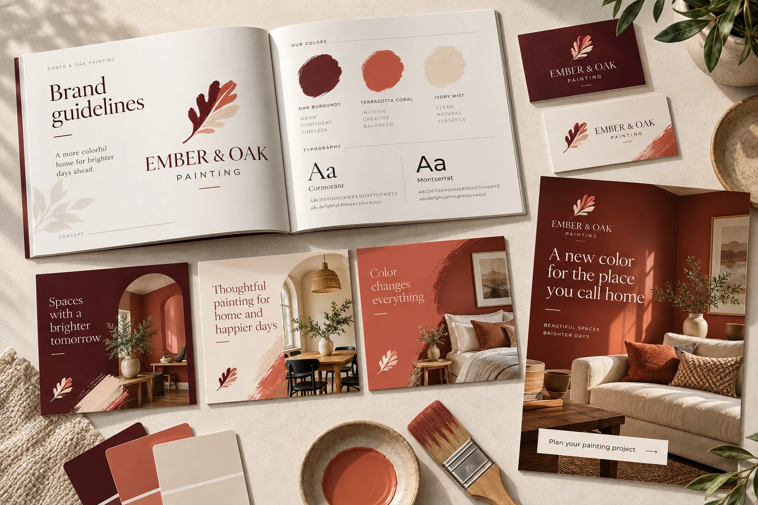 Complete brand launch suite for fictional Ember & Oak Painting including guidelines, cards, social assets, and flyer