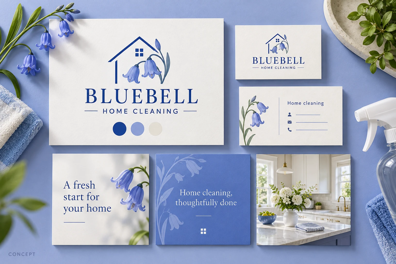 Coordinated logo, business card design, and social templates for fictional Bluebell Home Cleaning