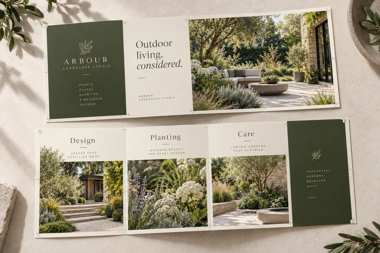 Arbour Landscape Studio brochure artwork proof with service panels