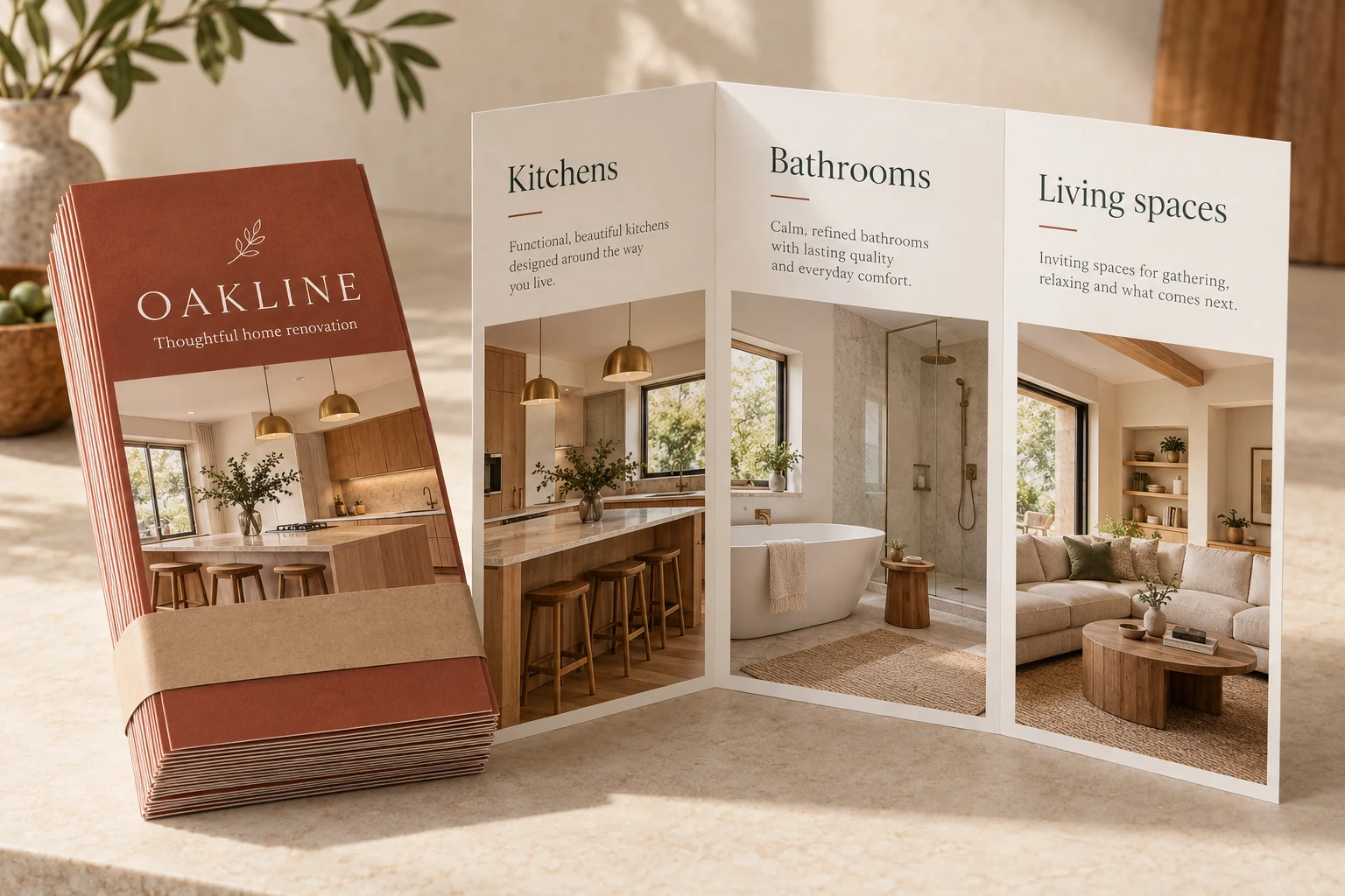Oakline Home Renovations printed trifold brochures and a folded stack