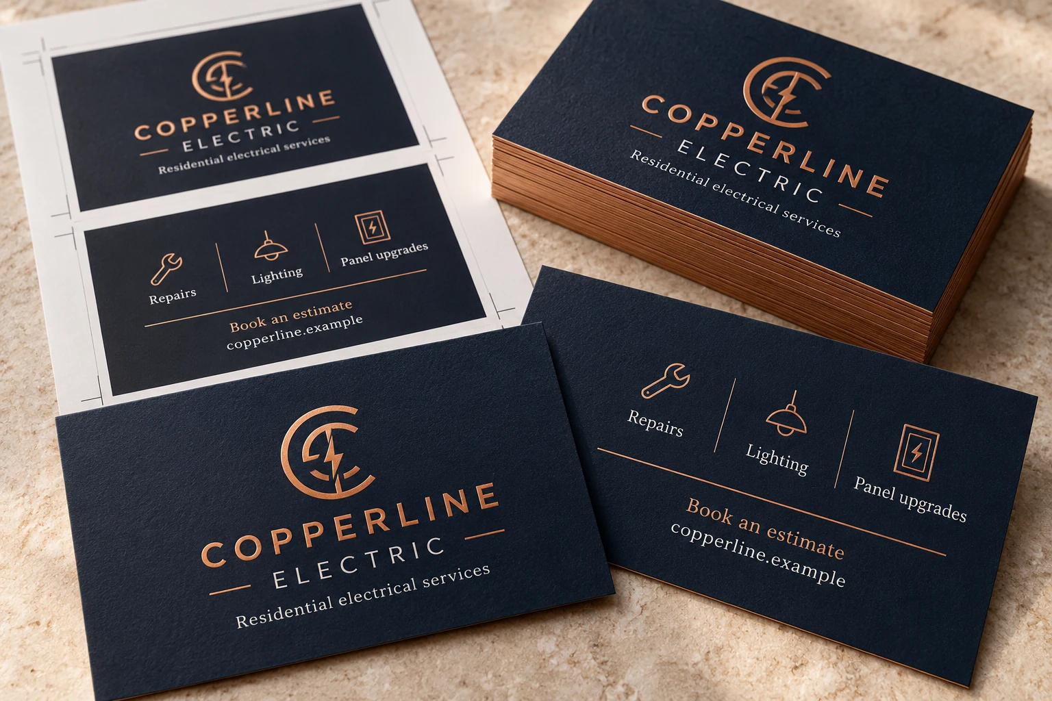 COPPERLINE ELECTRIC business card design and printing concept with front and back layouts, finished cards and a print proof