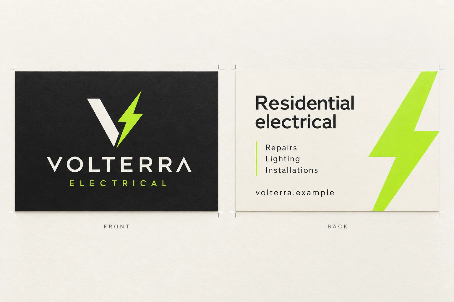 Volterra Electrical front and back business card design proof