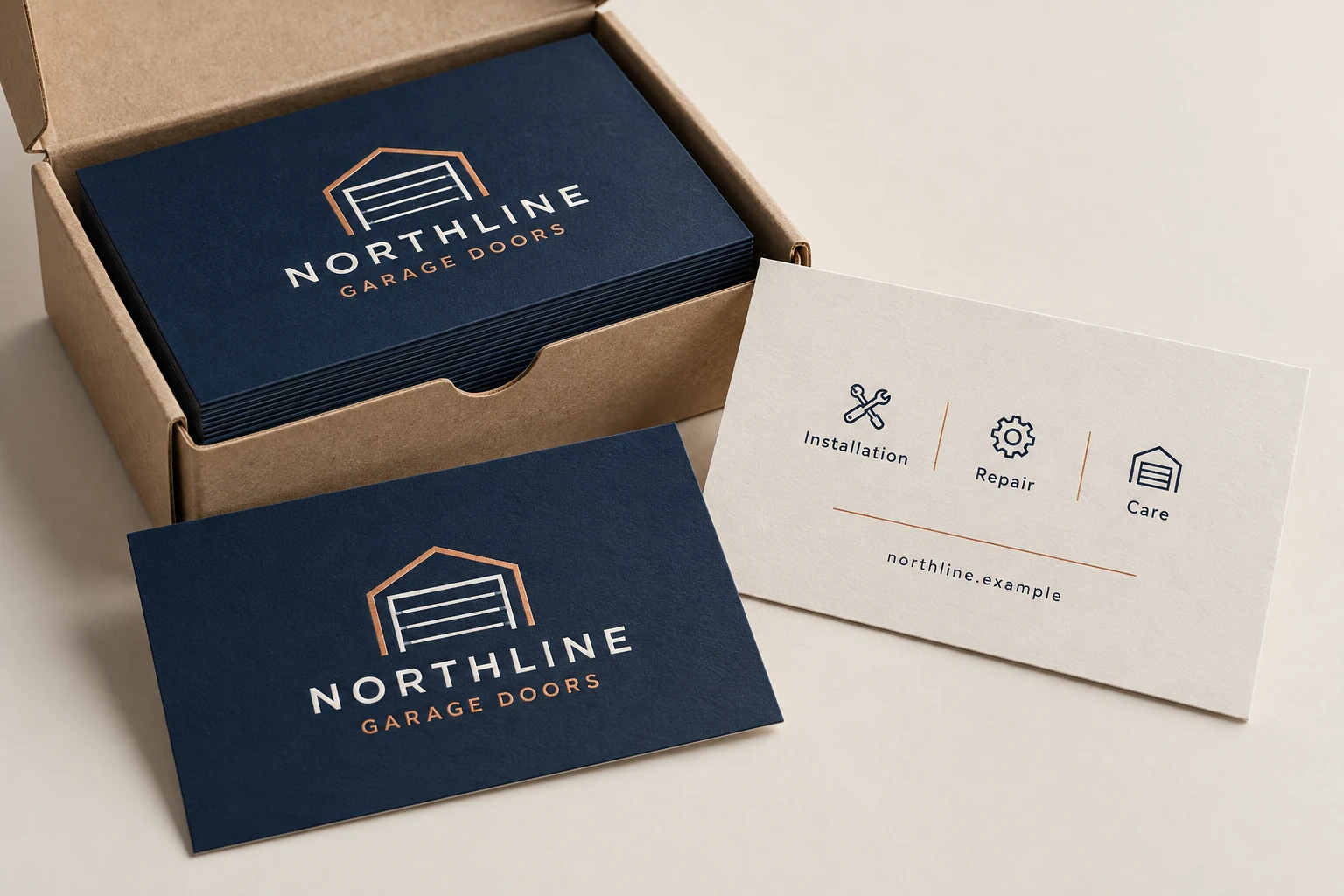 Northline Garage Doors printed business cards in a kraft box