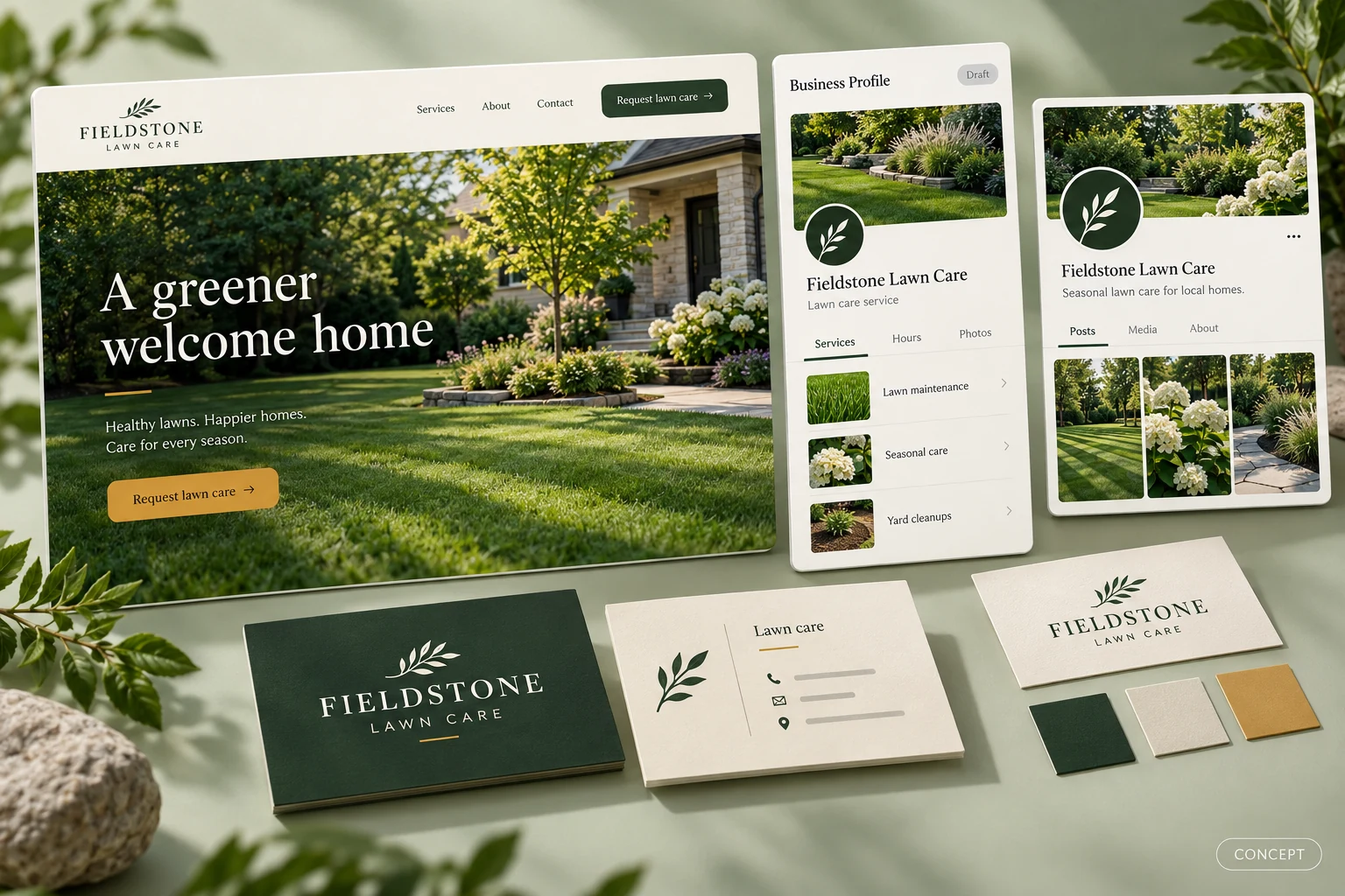 New business launch package for fictional Fieldstone Lawn Care with website, profile draft, social profile, and cards