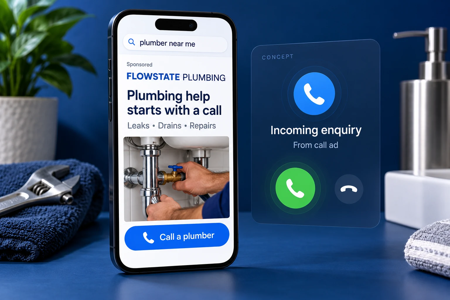 Flowstate Plumbing call-focused mobile advertisement with an inbound call action
