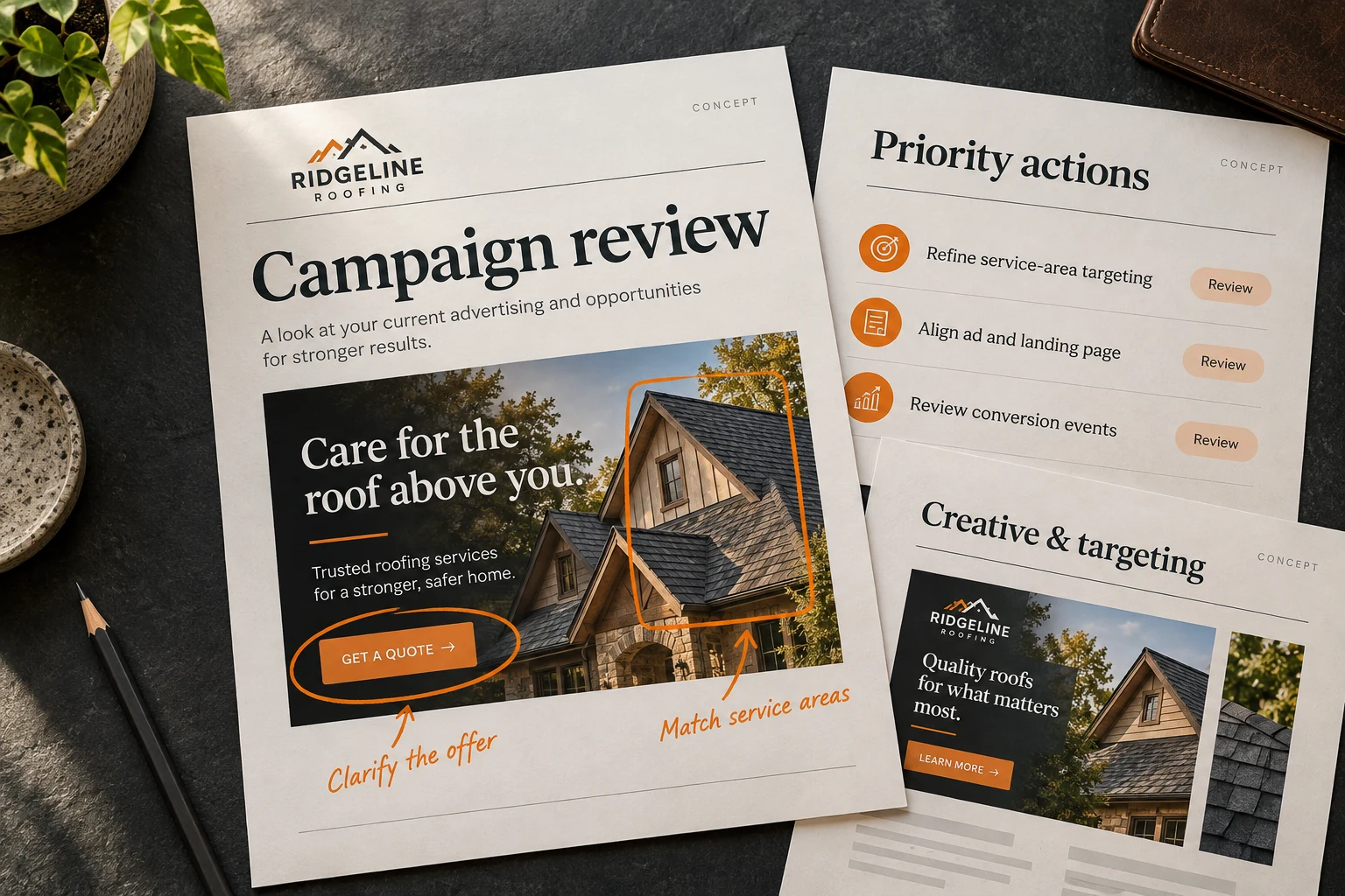 Ridgeline Roofing campaign audit report with annotated ad creative and prioritized recommendations