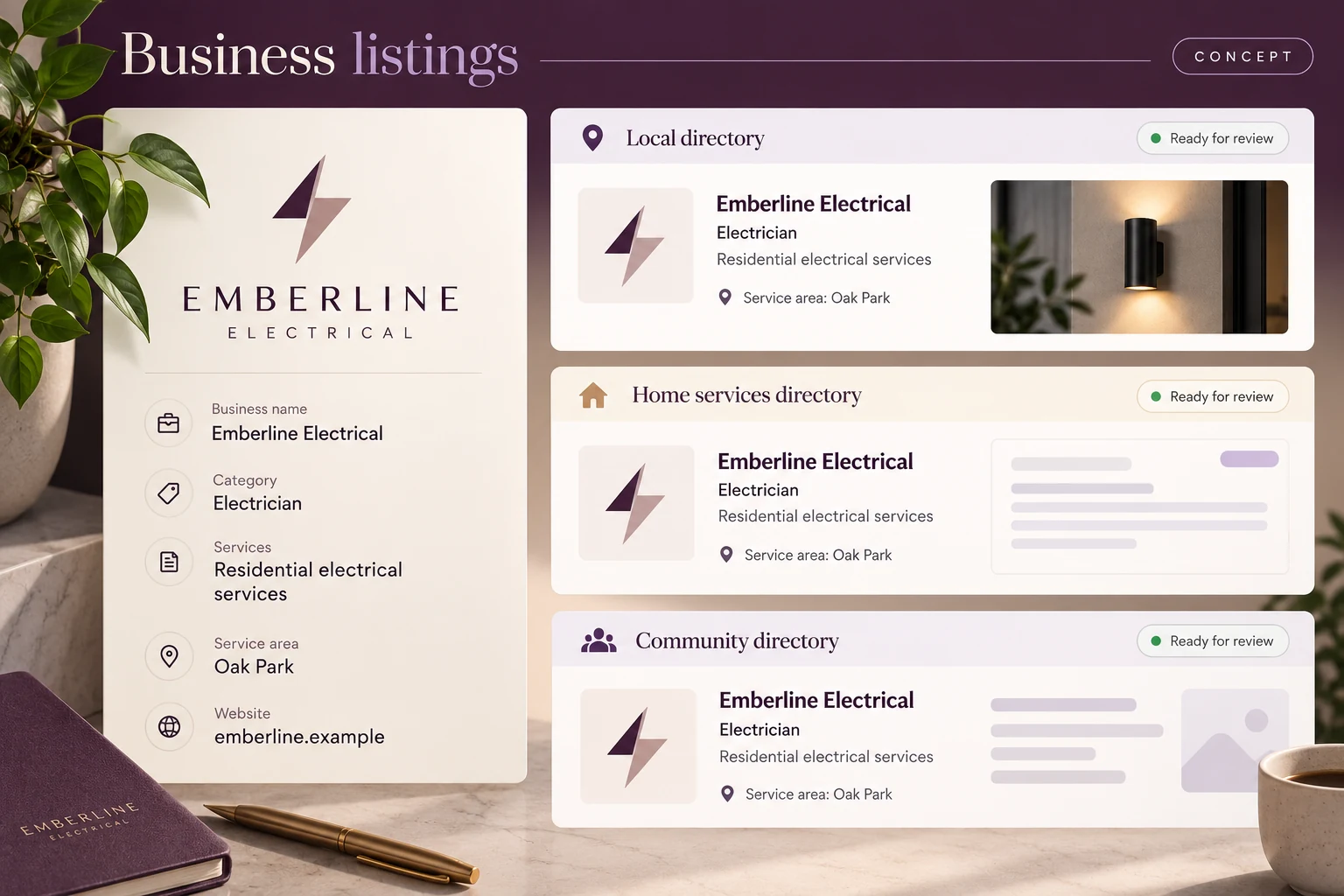 Consistent business directory listing drafts for fictional Emberline Electrical across three directory previews