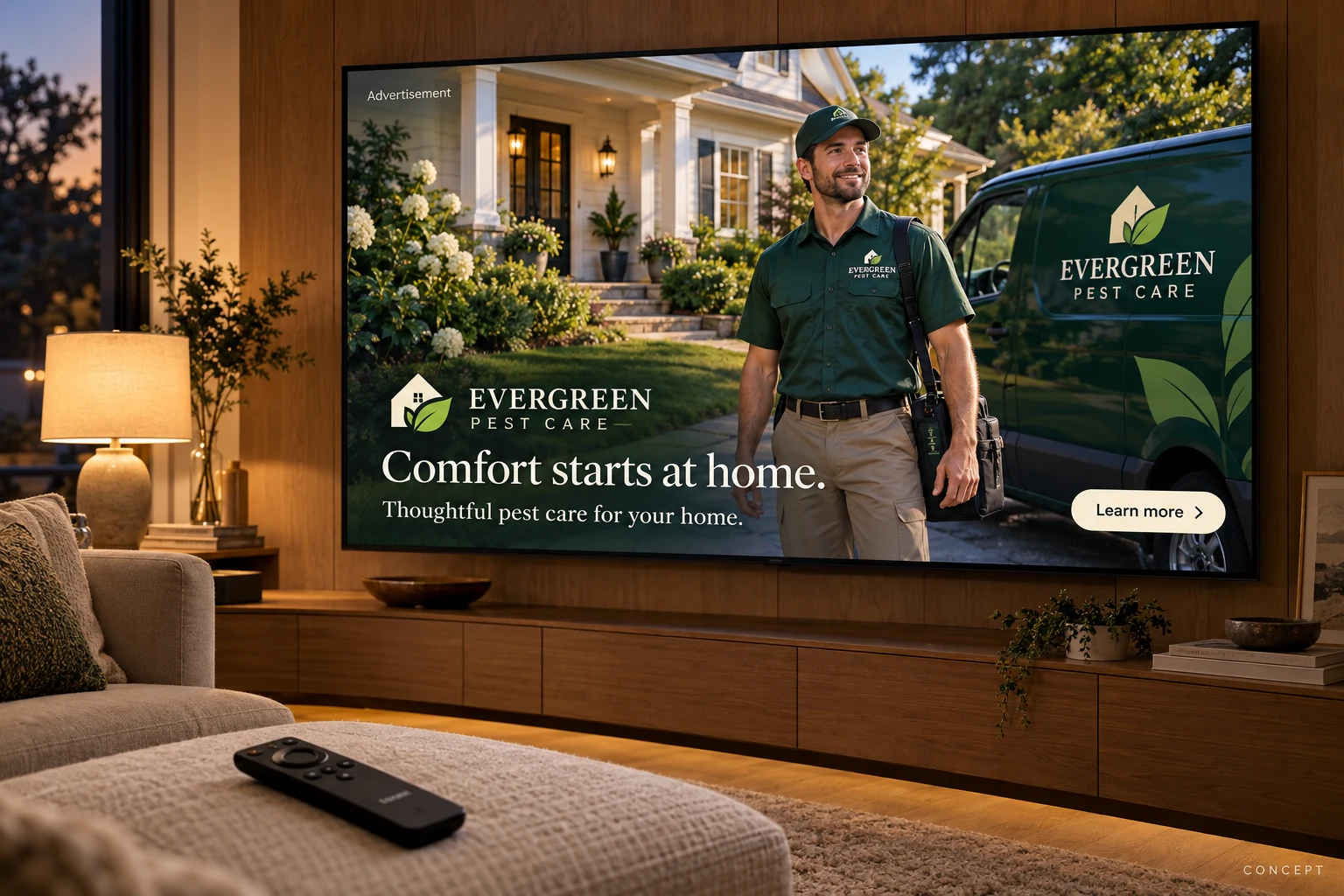 Connected TV advertising concept for Evergreen Pest Care shown on a large streaming television in a modern living room.