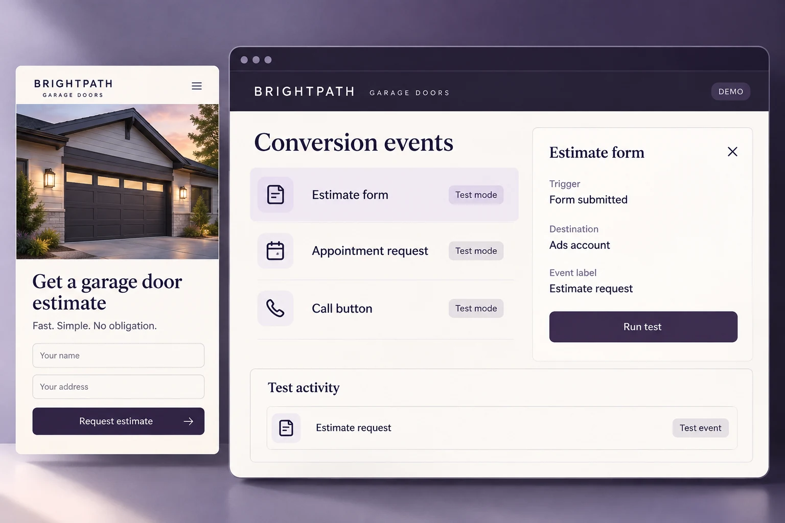 Brightpath Garage Doors conversion-event setup showing form, booking and call events in a testing interface