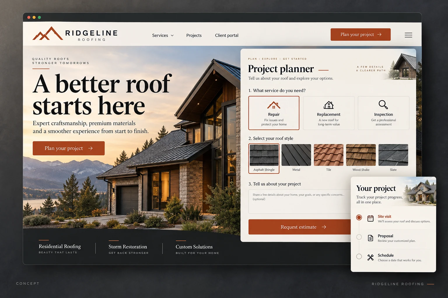Custom home-services website concept with a roofing project estimator and client portal.