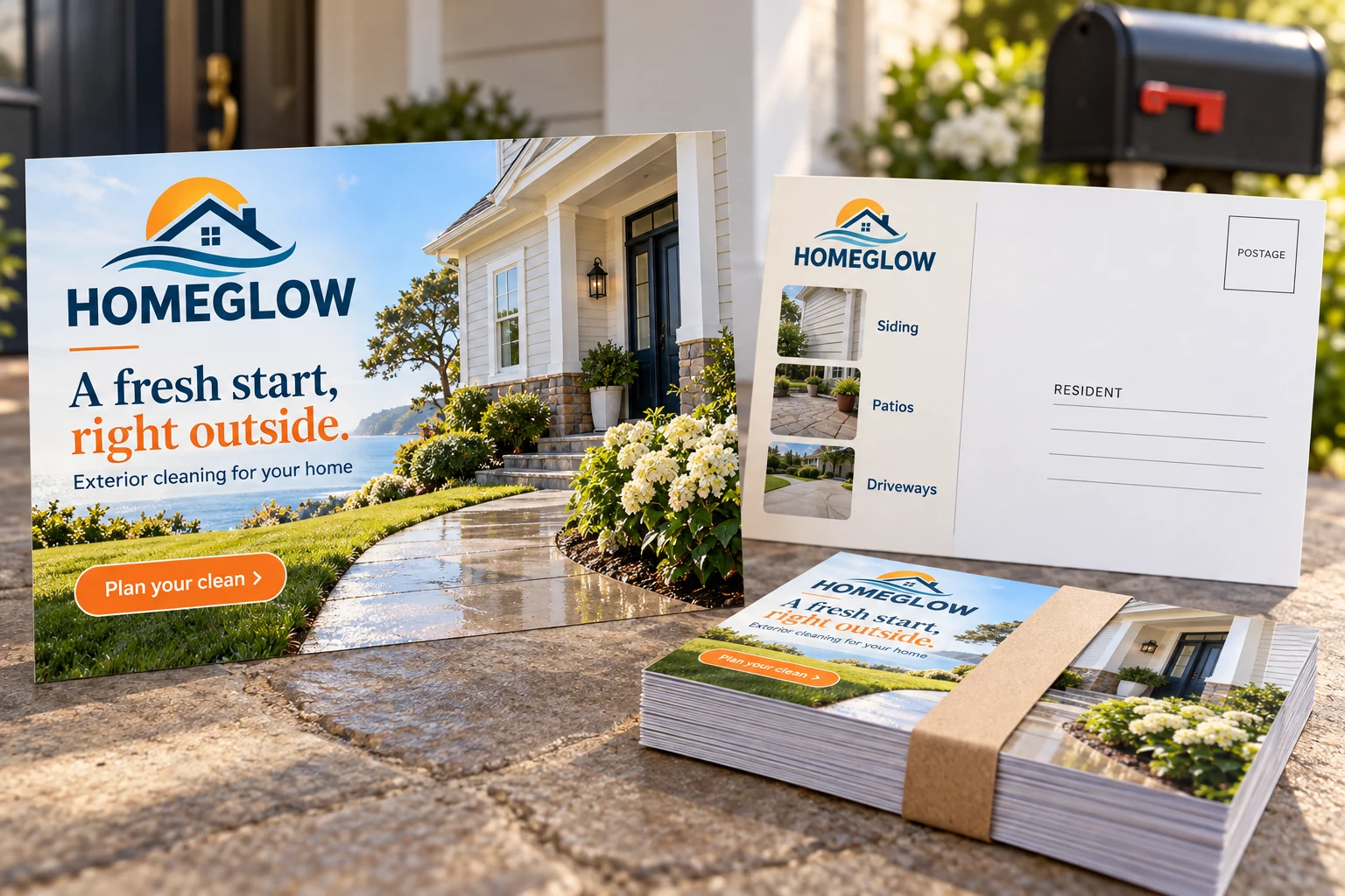 HOMEGLOW exterior cleaning direct-mail campaign with front and mailing-side postcard designs, bundled mailers and a home mailbox