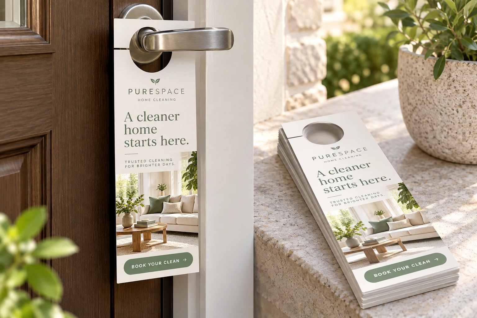 Purespace Home Cleaning printed door hanger on a door lever beside a die-cut stack