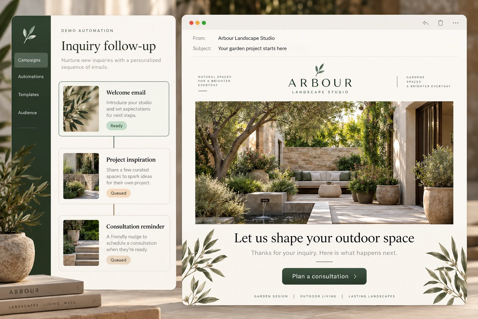 Landscaping email automation concept with a follow-up sequence and branded project-planning email preview.