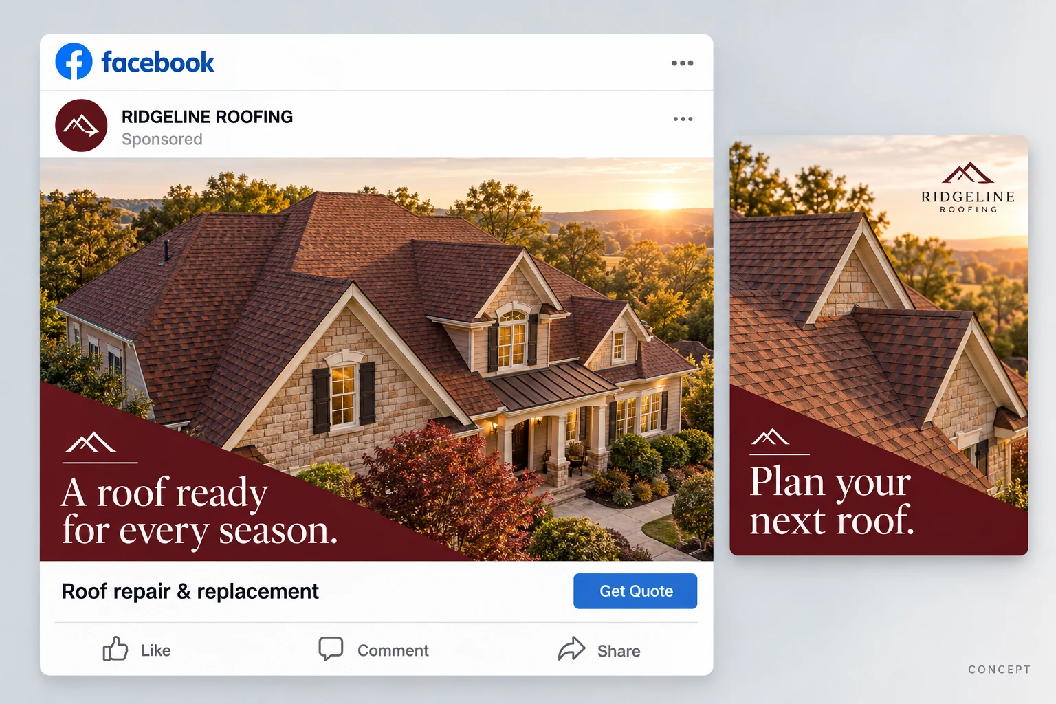 Facebook sponsored feed ad concept for Ridgeline Roofing featuring a completed residential roof and Get Quote button.