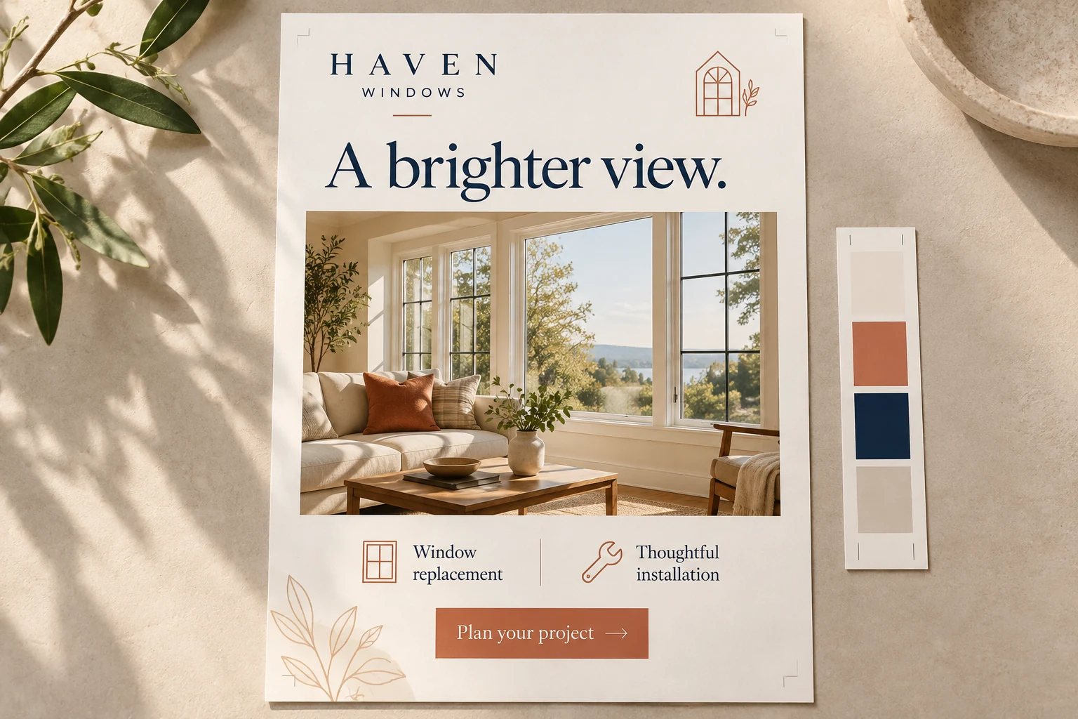 Haven Windows promotional flyer layout with color swatches