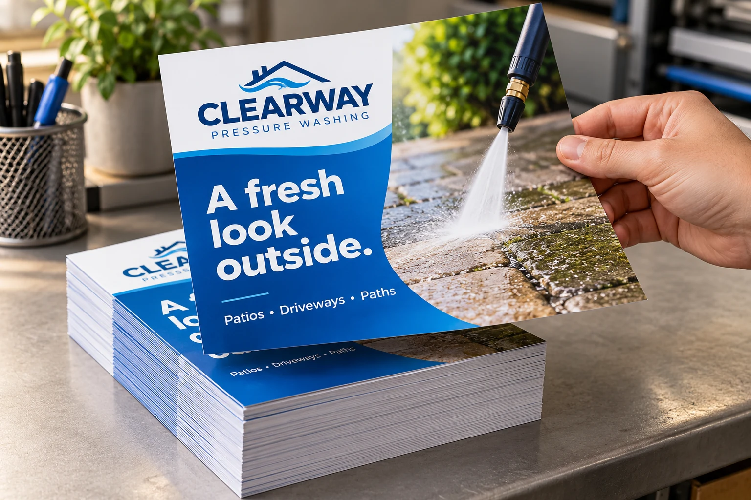Clearway Pressure Washing printed flyer stack with a loose sheet
