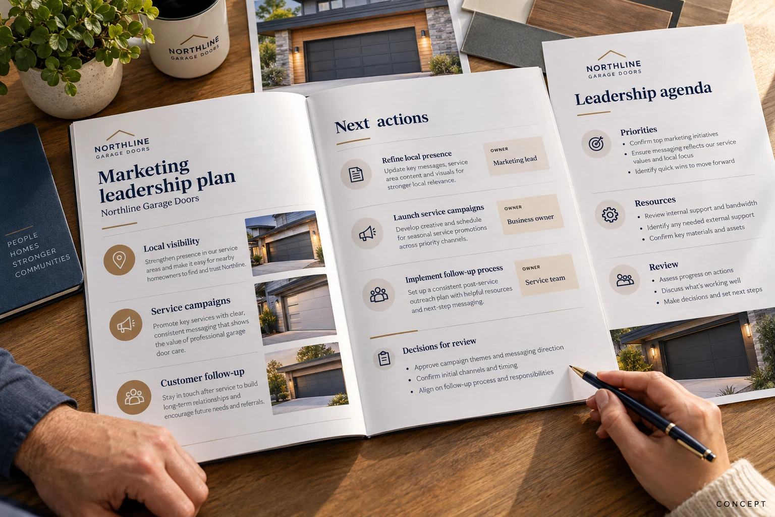 Part-time marketing leadership plan for fictional Northline Garage Doors with priorities, owners, and decision notes